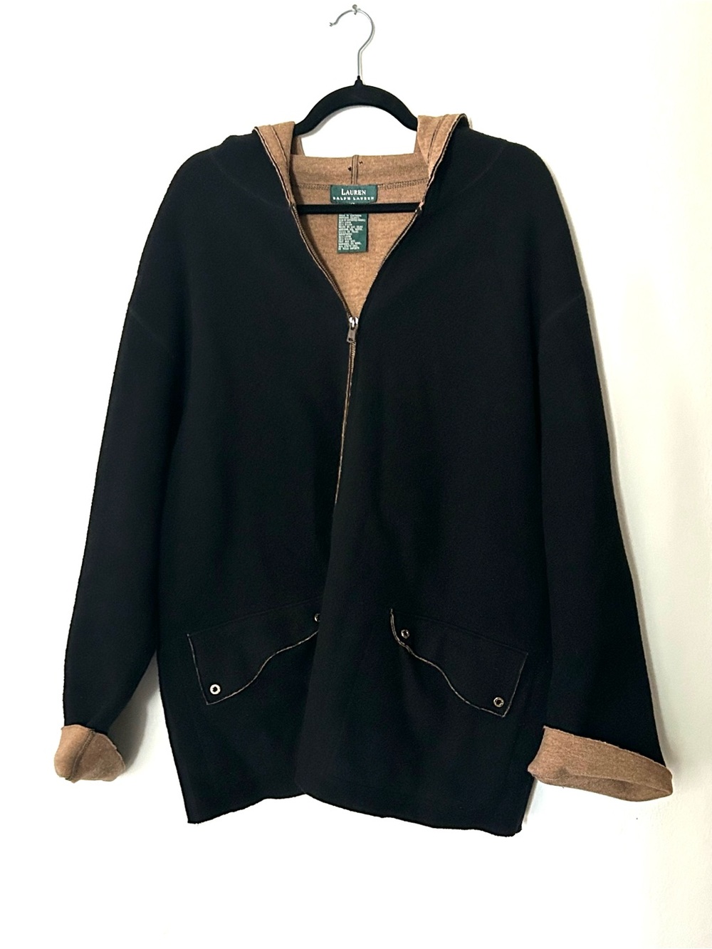Lauren Ralph Lauren Wool Hooded Jacket Black Camel Equestrian Coat 2X Riding